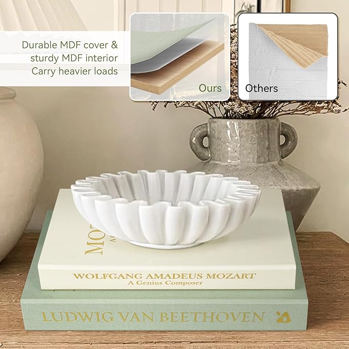 Aesthetic Decorative Books -Set of 2 Minimalist Linen Hardcover Faux/Fake Books for Coffee Table Home Decor Living Room Decoration, Photo Storage or as a Keepsake Box(Sage-beige-musician)