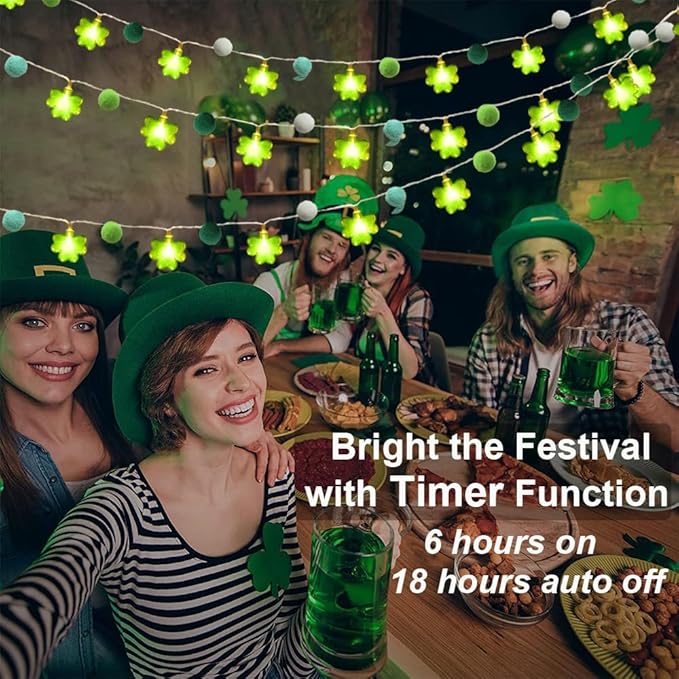 9.85Ft St Patricks Day Lights Garland 20 Pompoms 20 LEDs Green Lucky Clover Lights Shamrock String Lights with Timer for Indoor Bedroom Party Bar Garden St. Patrick's Day Decoration Green Irish Decor