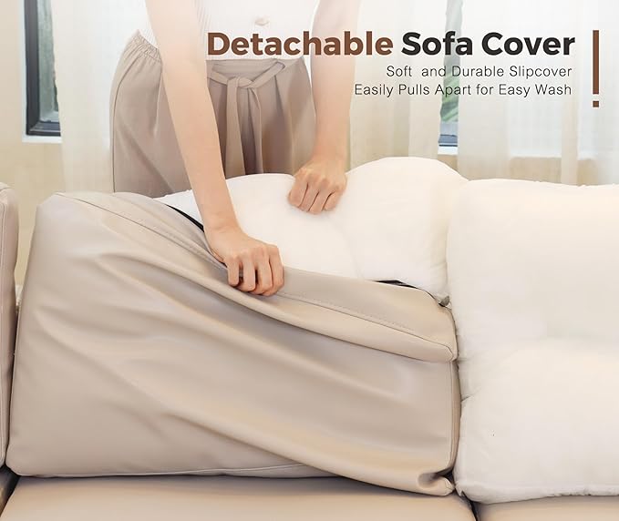 91.5" Faux Leather Modular Sectional Sofa, L Shaped Couch Set for Living Room, 3-Seater Comfy Cloud Couches with Movable Storage Ottoman,DIY Combination - Whitesand