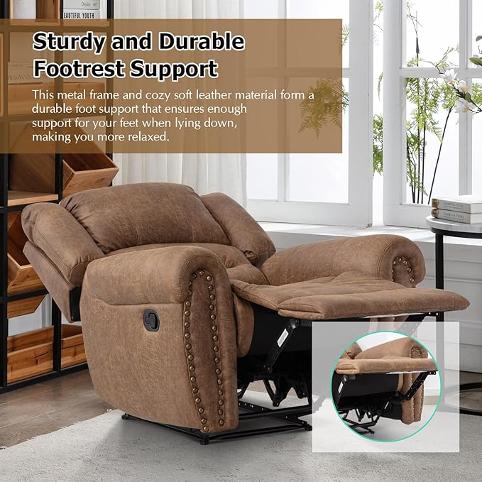CANMOV Leather Recliner Chair, Classic Breathable Manual Recliner Chair with Comfortable Arm and Back Single Sofa for Living Room, Camel