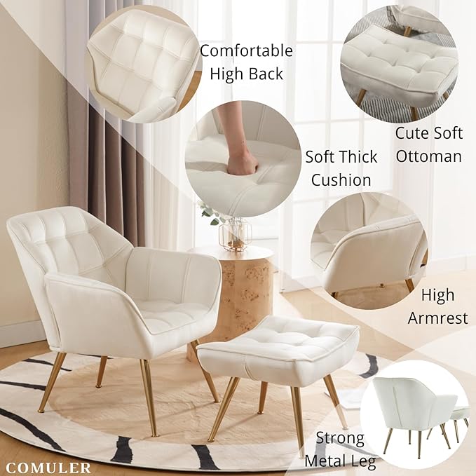 Beige Velvet Accent Chair with Ottoman ，Modern Reading Chair with Ottoman Set, Comfy Fuzzy Armchair Living Room Chair Lounge Chair with Metal Legs for Small Spaces Bedroom Apartment