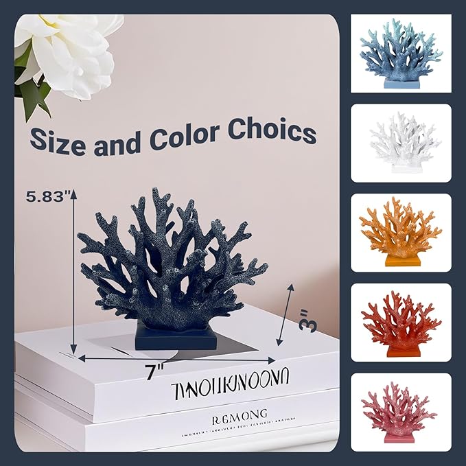 5.8" H Dark Blue Coral Decor - Resin Coral Statue, Nautical Decor for Home, Bedroom, Bathroom, Living Room, Ocean Themed Cabinet Shelf Tabletop Decoration