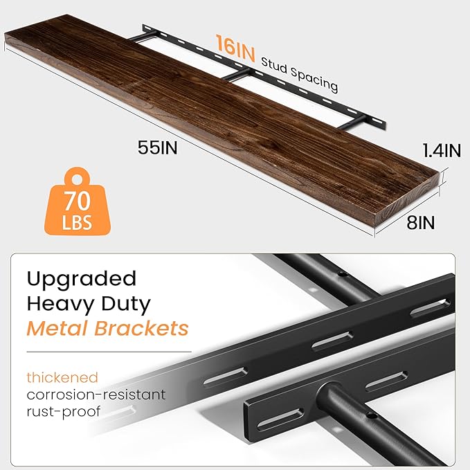 55 Inch Floating Shelves for Wall, Elm Wood Floating Shelves for Home Décor, Wall-Mounted Display Shelves with Heavy-Duty Bracket, Live Edge Long Floating Shelf for Kitchen, Living Room, Walnut