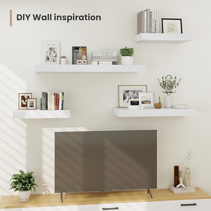 Heimlove 12" Deep Floating Shelves, 36 x 12 Inch Wall Mounted Long Floating Shelf with Invisible Brackets, for Home Decor, Bedroom, Kitchen, Living Room, Bathroom - 2 Pack, White
