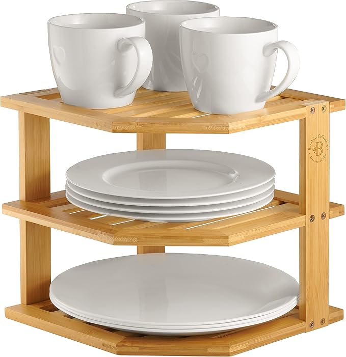 2-Pack Plate Organizer for Cabinet - Bamboo Corner Shelf for Kitchen or Bathroom Storage, Space-Saving Rack for Dishes, Countertop, Cabinet, Pantry - Organization & Housewarming Gift