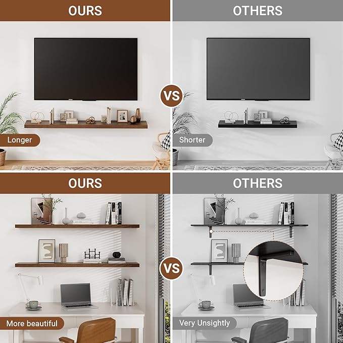 Heimlove 32 Inch Floating Shelves for Wall,Walnut 9.3" Deep Floating Shelf Set of 2,Wall Mounted Shelves for Bathroom Bedroom Living Room Kitchen Office,Shelf for Books Storage Room,Home Decor