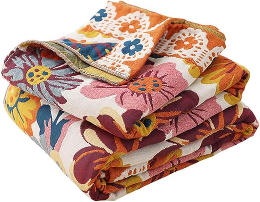 Boho Muslin Blanket for Adults 4-Layer Gauze Twin Size Soft Cozy 100% Cotton Summer Cooling Blanket Floral Decor for Sofa Bed Coverlet Both Sides (Daisy Floral, Twin 60 x 80 in)