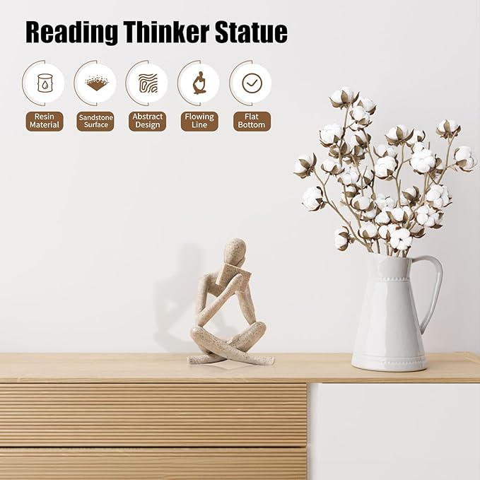 Bookshelf Decor Reading Statue - Abstract Art Thinker Sculpture Bookend for Shelves Aesthetic, Modern Home Decoration Figurine for Living Room Office Shelf Desk Coffee Table Decor(Beige Right)