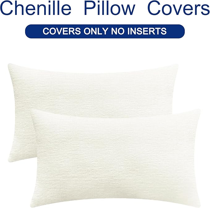 CaliTime Throw Pillow Covers Decorative 12 X 20 Inches Pack of 2 Cozy Chenille Cushion Cases for Couch Sofa Bed Living Room Home Cream