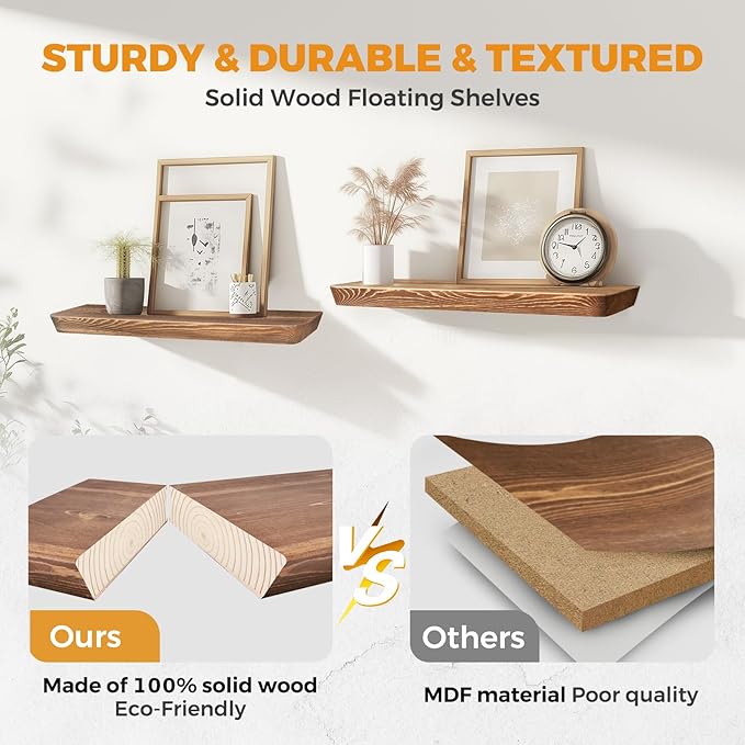 24"x6.8"x1.6" Slanted Floating Wall Shelves 2-Pack - Rustic Brown Finish, Heavy-Duty Solid Wood Design with Hidden Brackets - Perfect for Living Room, Kitchen, Bathroom, or Office