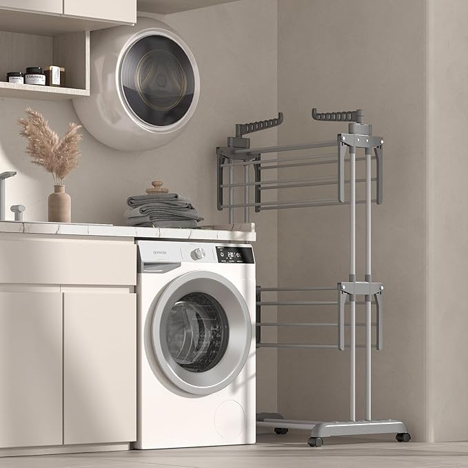 Bigzzia 3 Tier Clothes Drying Rack, 57 Inch Laundry Drying Rack, Foldable Stainless Steel Kids Clothing Rack, Movable Laundry Rack for Indoor Outdoor - Grey