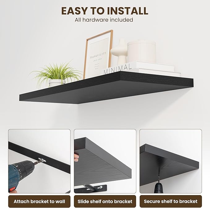 32" Floating Shelves for Wall, 12" Deep Slim Black Floating Shelves, Wall-Mounted Shelves for Bedroom, Living Room, Kitchen, Bathroom - Set of 2