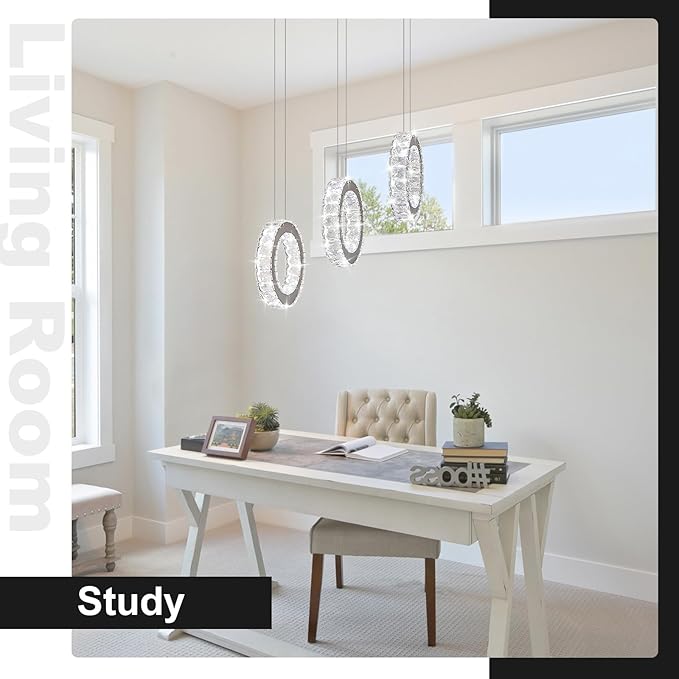 Buccleuch 3-Ring Crystal Chandelier, Dimmable LED Pendant Light Fixture Adjustable Stainless Steel Pendant Light, Silver Crystal Chandeliers for Dining Room, Bedroom, Living Room