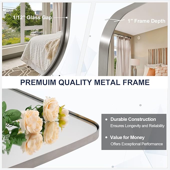 ANDY STAR Brushed Nickel Bathroom Mirror, 30x36’’ Oblong Mirror with Stainless Steel Metal Frame, Silver Oval Vanity Mirror for Over Sink, Modern Anti Rust Wall Mounted