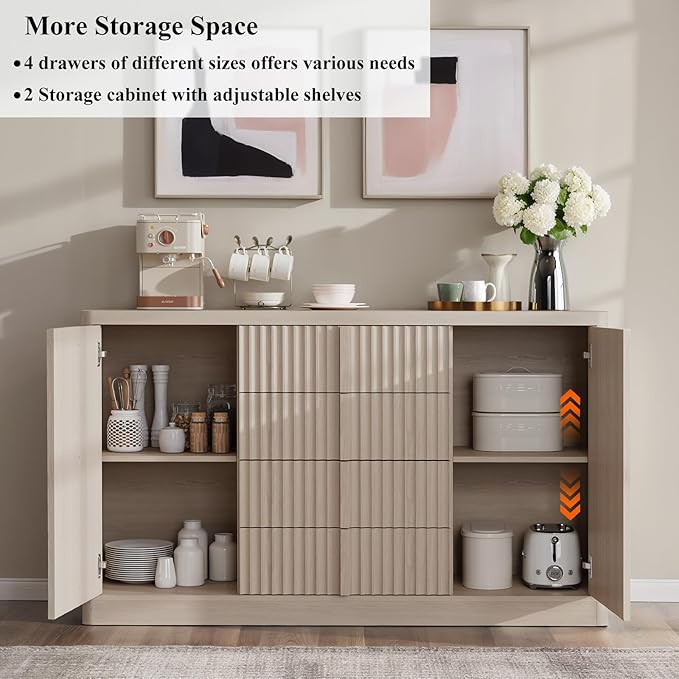 Buffet Cabinet with Storage, 120"Fluted Coffee Bar with 8 Drawers & 4 Doors, Modern Sideboard Buffet with Solid Wood Handle, Credenza Storage Cabinet for Kitchen Living Dining Room, Natural Oak(2PCS)