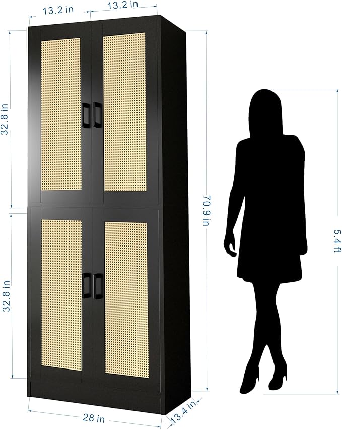 Black Rattan Kitchen Pantry, 71" Tall Storage Cabinet with Doors, Boho Hutch for Dining Room