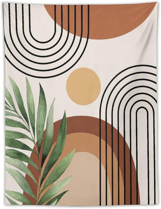 Abstract Bohemian Mid Century Tapestry, Tropical Leaves Modern Geometric Archway Minimalist Bohemian Botanical Aesthetic Wall Hanging, Sage Green Gold Home Decor Art for Bedroom 40x60 Inch