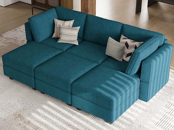 Belffin Terry Fabric Modular Sectional Sleeper Sofa Bed with Storage Convertible Sectional Couches for Living Room 6 Seaters Peacock Blue Modular Sofa