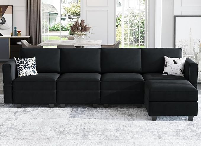 Belffin Modular Sectional Sofa Couch with Reversible Chaise Velvet L Shaped Couch Sofa with Storage 4-seat Convertible Sectional Sofas Black