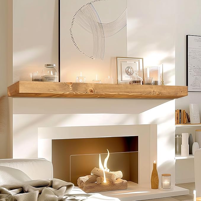 60x7x3 Fireplace Mantel - Solid Rustic Wood - Wall Mounted Floating Shelf with Invisible Heavy Duty Steel Bracket (Natural Wood)