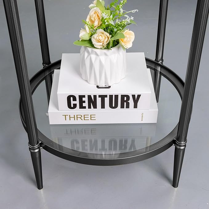 2 Tier Round Side Table, Black End Table with Glass Top, Modern Metal Clear Coffee Table，Small Accent Table for Living Room, Bedroom, 18" x 18" x 24"