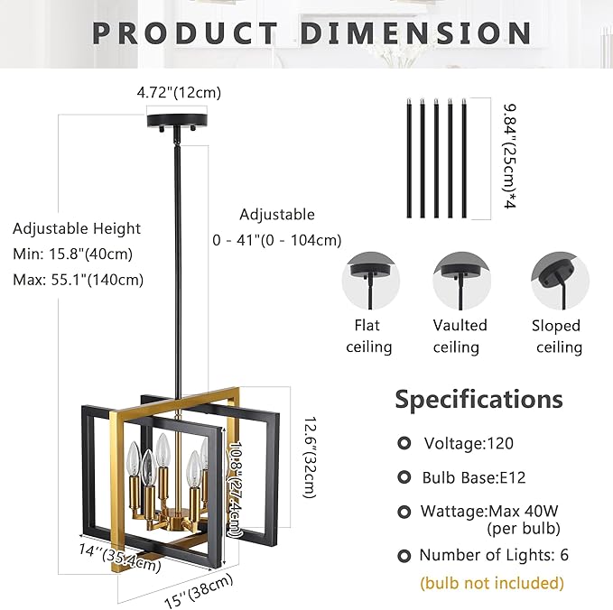 ANKYLHUA Black Gold Chandelier,6-Lights Ceiling Light Fixture E12,Adjustable Hight Pendant Lights Kitchen Island,Chandeliers for Dining Room,Bedroom,Entryway,Foyer