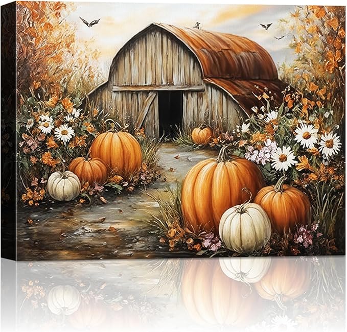 Autumn Pumpkin Barn Framed Wall Art Decor, Moody Fall Decor Rustic Country Landscape Picture Print for Farmhouse Decor,Thanksgiving Decorations Country Canvas Wall Art, Ready to Hang