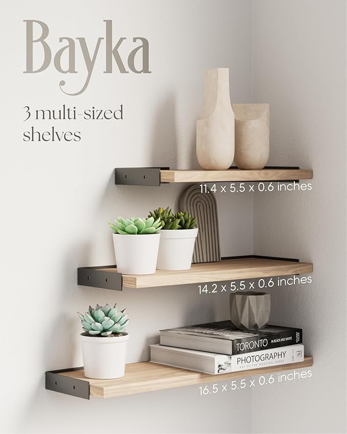 BAYKA Wall Shelves for Bedroom Decor, Floating Wall Shelves for Living Room Kitchen Storage, Wall Mounted Rustic Wood Floating Shelves for Kids Books, Corner Shelves for Bathroom(Brown，Set of 3)