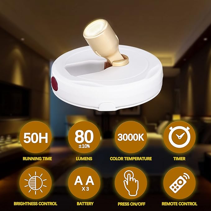 Battery Operated Spotlights, Cordless Picture Light, Dimmable Accent Lighting, Wireless LED Puck Lights, Stick on Lights with Remote for Plant Photo Painting Art Dartboard Portrait