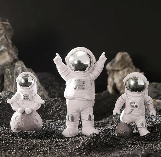 3 Pcs Silver White Astronaut Statues Set, Spaceman Sculpture Figurines Home Ornament Cake Toppers Gift