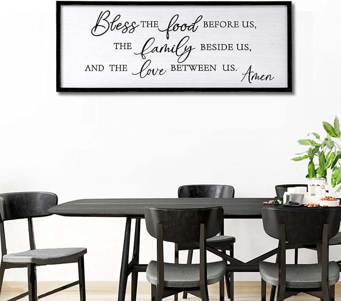 Bless the Food Before Us, the Family Beside Us, and the Love between us Framed Wall Art for Christian God Jesus Christ Prayer, 40''×15'' Positive Holy Religious Rustic Bible Verse for Dining Room