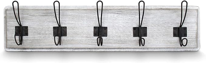 HBCY Creations Rustic Coat Rack - Wall Mounted Whitewash 24" Entryway Coat Hooks - 5 Rustic Hooks, Solid Pine Wood. Perfect Touch for Your Entryway, Kitchen, Bathroom... (Whitewash)