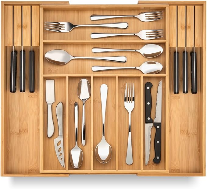 Bamboo Drawer Organizer with Knife Blocks - Silverware Organizer & Utensil Drawer Organizer, Cutlery Tray with Dividers, 7-9 Slots- Premium Kitchen Organizer for Utensils & Flatware (Natural)