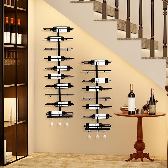 20 Bottle Wall Mount Wine Rack with Wine Glass Holder, Metal Wine Wall Rack, Wall Racks for Wine Bottles Display and Storage, Hanging Bottle Organizer for Living Dining Room Wine Cellar Bar (Black)