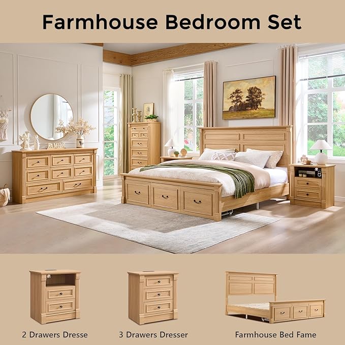 26" Tall Farmhouse Nightstand, 3 Drawers End Table w/Charging Station, 23.6" Wide Large Side Table w/Roman Column, Wood Rustic Sofa Table for Bedroom, Natrual