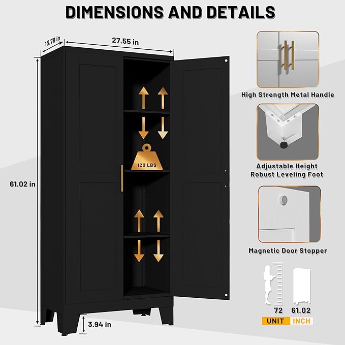 61" Balck Metal Kitchen Storage Cabinet, Kitchen Pantry Storage Cabinet with Doors and Shelves, Storage Cabinet with Adjustable Leveling Foot for Kitchen, Living Room and Dining Room