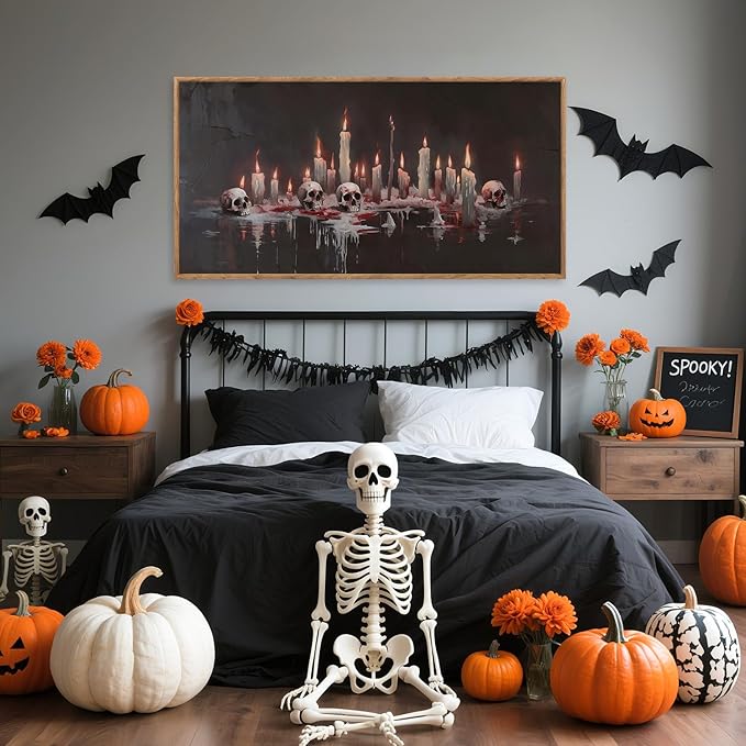 Aurlan Gothic Bloody Skull and Candles Framed Wall Art(40"x20"), Large Horror Dark Academia Halloween Skeleton Canvas Artwork, Modern Goth Spooky Creepy Ghost Decor for Home Office Bedroom