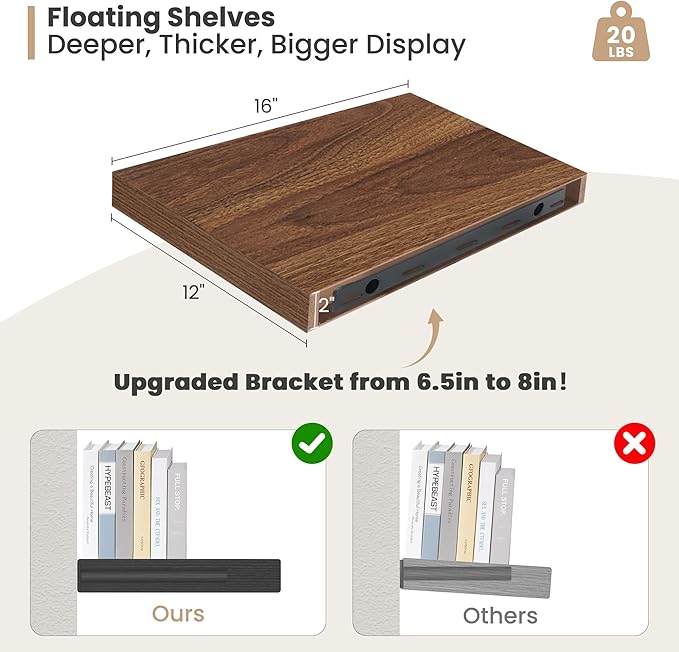 Heimlove 12 Inch Deep Floating Shelves, 16 x 12 inches Long Wall Shelf, Large Extra Display Shelf & Storage Shelf, Rustic Wood Wall Shelves for Fireplace Mantel, Walnut - 2Pack