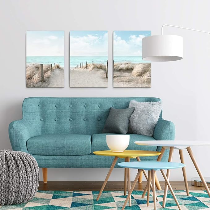 3 Piece Large Canvas Bedroom Wall Art Beach Blue Sea Blue Sky Print Picture Framed Wall Decor for Living Room Bathroom Modern Home Decor Artwork Ready to Hang Coastal Wall Decorations Size 16x24x3