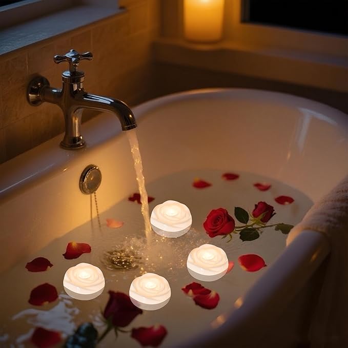 Aignis 6pcs Flameless LED Floating Candles, White Rose Plastic Tealights Battery Operated, 120+ Hours Glow Time, Cozy Light for Romantic Pool/Bathtub/Hot Bath/Wedding Centerpiece Decor(D2.83*H1.42)