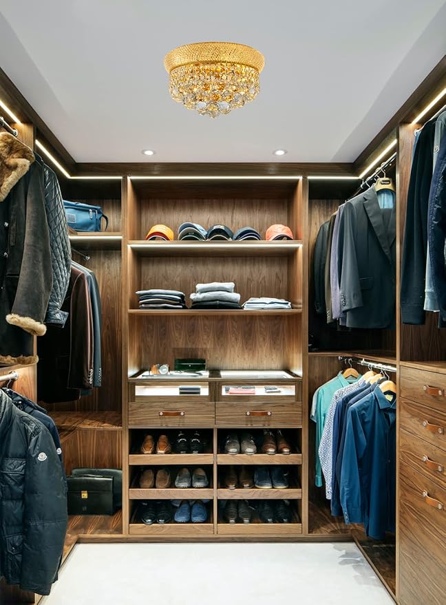 5-Light Crystal Flush Mount Chandelier Ceiling Light Fixture for Living Room Dining Room Bedroom Foyer Entryway Hallway Closet Bathroom (Gold D14)