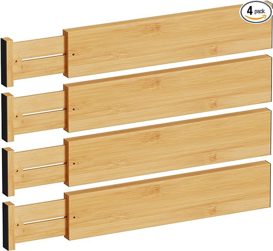 BAMEOS 4" High Drawer Dividers Bamboo Separators Organization Expandable Organizers for Kitchen Bedroom Bathroom Dresser Office 4-pack