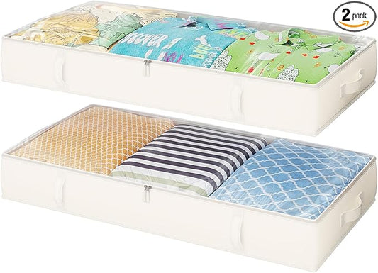 2-Pack Under Bed Storage, 6 Inches Tall Closet Organizers and Storage Bins with Sturdy Sidewalls/Bottom/4 Handles, Beige