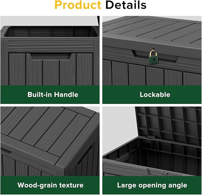 46 Gallon Outdoor Deck Box,Storage Lockable Waterproof Patio Furniture,Garden Tools,Cushions,Pool Accessories Outside Storage Resin Box(Black)