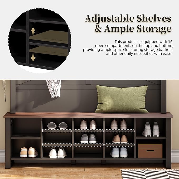 Ball & Cast 4-in-1 Hall Tree with 6 Hooks,Walnut Entryway Bench with Adjustable Shelves,Rustic Shoe Organizer with 16 Open Compartments,for Mudroom,Living Room,Hallway,Black