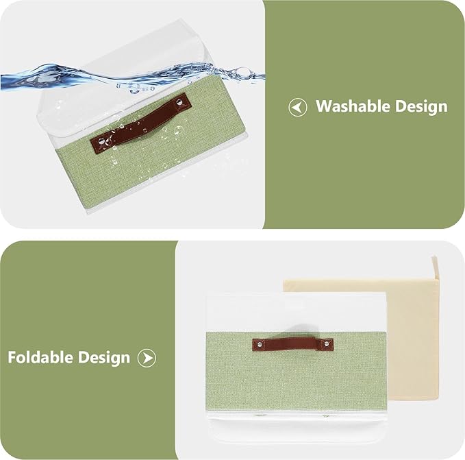 ANMINY 4PCS Storage Boxes with Lid Washable Decorative Storage Bins Basket with PU Leather Handle Foldable Linen Fabric Storage Cubes Containers for Home Closet Organizer - Green White, Small Size