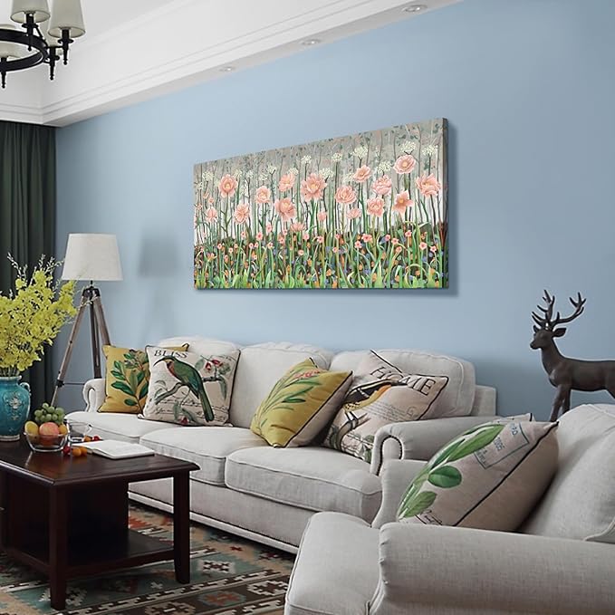 amatop Large Floral Wall Art Modern Abstract Flower Field Canvas Picture Botanical Artwork Rustic Wall Decor for Living Room Bedroom Pink Green Blooming Wildflower Forest Nature Art Print 48x24in