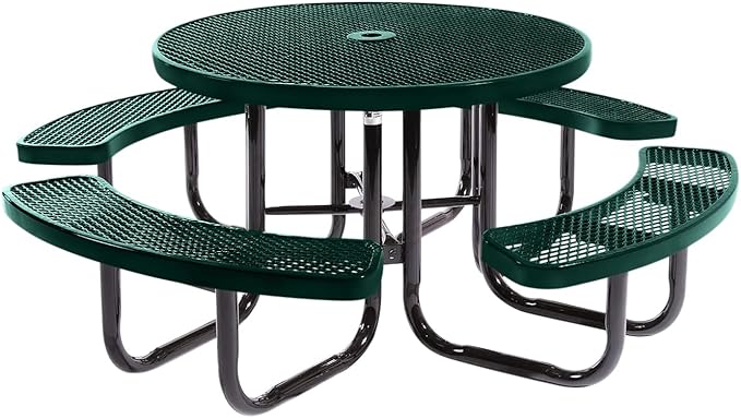 Heavy-Duty Portable Outdoor Picnic Table with Umbrella Hole, Expanded Metal Commercial-Grade Patio Dining Furniture Made in America (46" Round Top, Textured Dark Green)