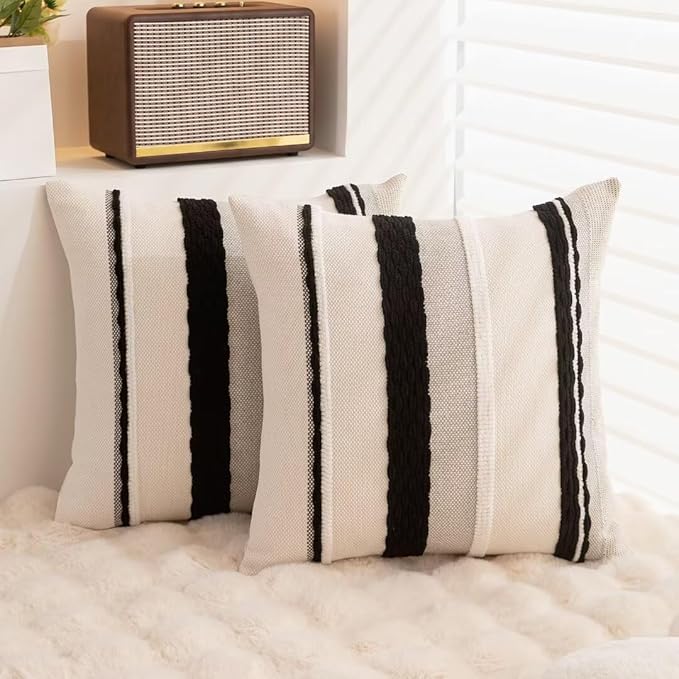 Boho Throw Pillow Covers 18x18 Set of 2 Farmhouse Decorative Cushion Case Striped Square Pillows Cover Chenille Pillow Cases Accent Neutral Pillowcase for Sofa Couch Bed,Black and White