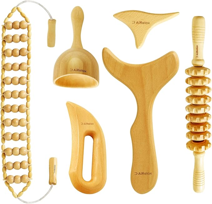 AiRelax 6 in 1 Wood Therapy Massage Tools,Lymphatic Drainage Massager Maderoterapia Kit Colombiana for Body Shaping,Body Sculpting Massage kit Tools
